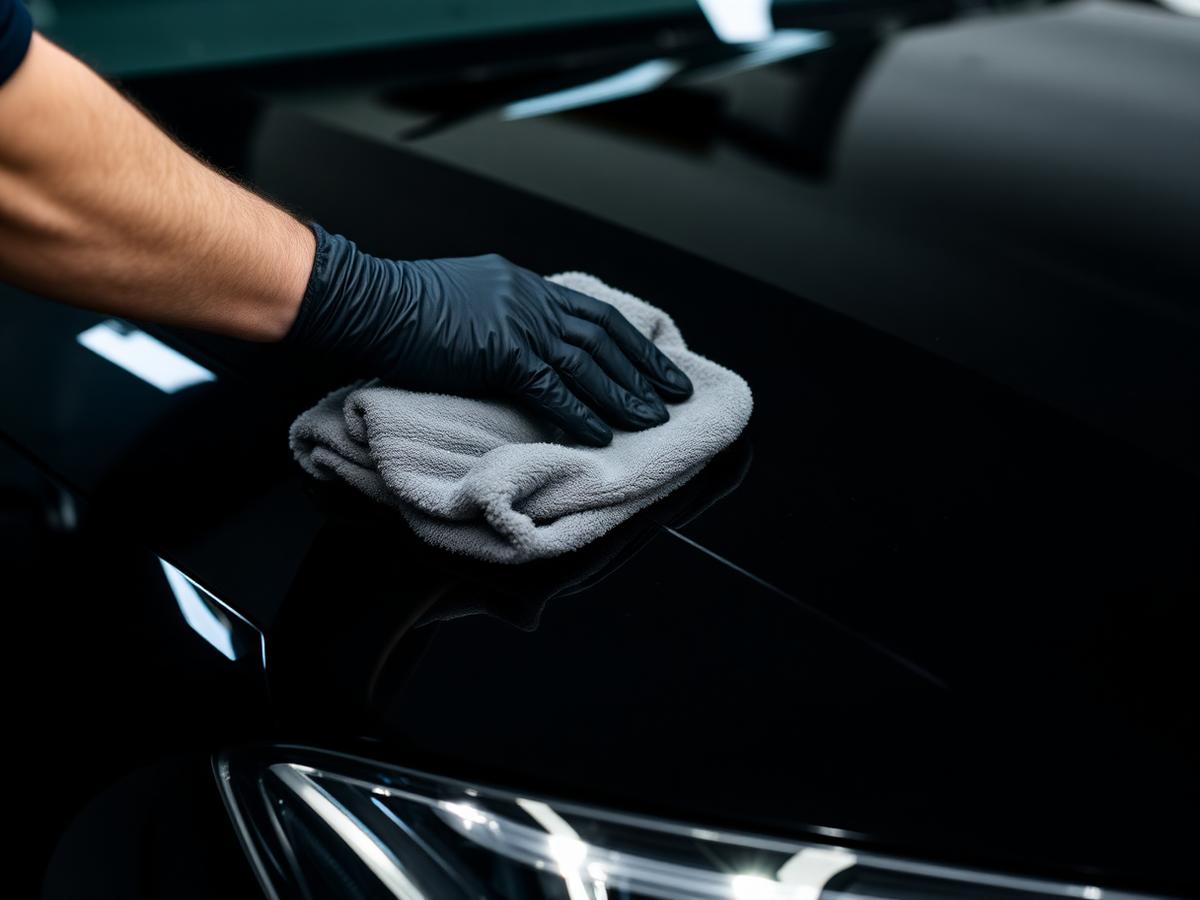 Hand polishing a black car